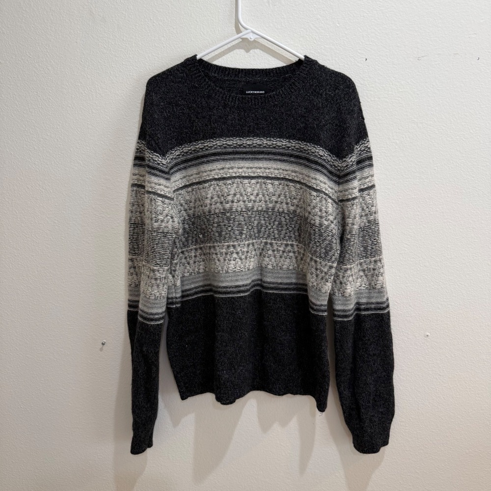 Lucky Brand Mens Large Grey Fair Isle Wool Alpaca Blend Crewneck Sweater